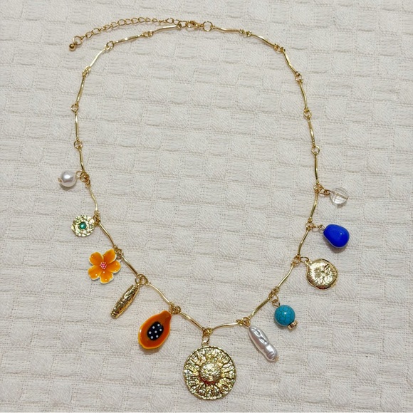 NEW Gold Tone Charm Necklace with Sun Medallion, Pearl & Turquoise Blue Accents - Picture 2 of 9
